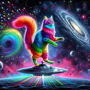 Rainbow-Colored Cat Dancing on Flying Saucer in Outer Space