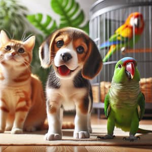 Tranquil Indoor Scene with Cat, Dog, and Parrot | Free Space
