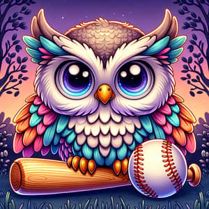 Cute Cartoon Owl with Bat and Softball in Whimsical Forest