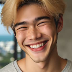 Charming Asian Man with Blonde Hair and Freckles | Smiling Portrait