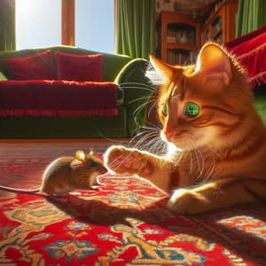 Ginger Cat Teasing Brown Mouse in Living Room
