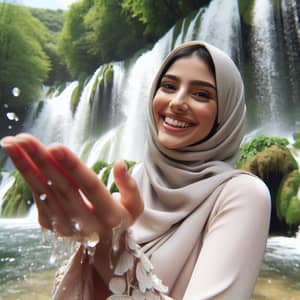 Young Middle-Eastern Woman Enjoying Waterfall Adventure