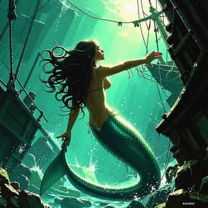 Mermaid Emerging from Sunken Shipwreck in Fantasy Illustration