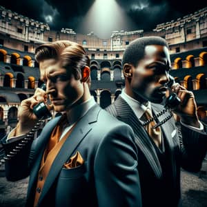 Sales Rivalry in Colosseum: Fiery Caucasian vs. Determined Black Suit Salesmen