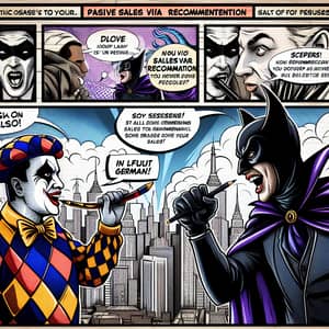 Dynamic Comic Book Page featuring Harlequin-Themed Villain and Noir-Inspired Hero