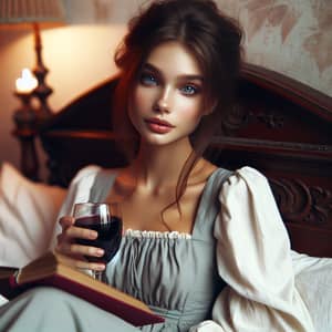Ukrainian Descent Female on Vintage Bed with Red Wine Glass