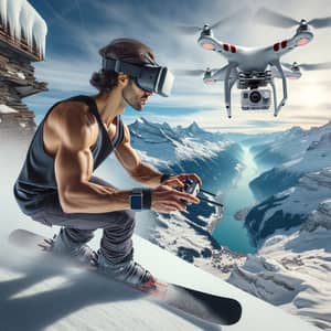 Hispanic Stuntman Skiing Swiss Alps with Drone and VR