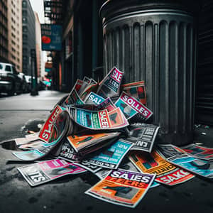 Urban Noir Photography: Colorful Sales Flyers Abandoned in Trash Can