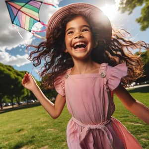Young Hispanic Girl Playing in the Park with Rainbow Kite