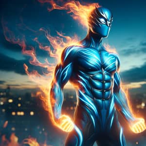 Fire-Controlling Superhero in Vibrant Blue Suit