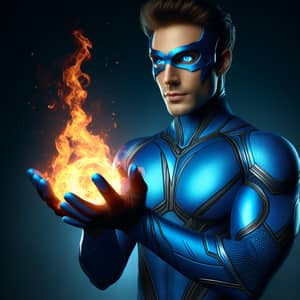Vibrant Blue Suit Superhero With Fire Manipulation Abilities