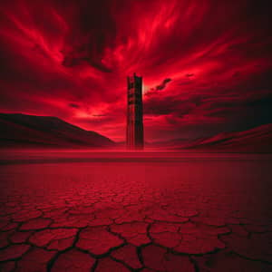 Imposing Tower in Haunting Red Sky - Desolate Earth Contrast
