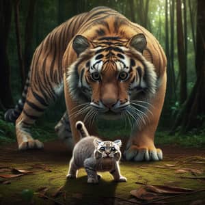 Brave Housecat Faces Menacing Tiger in Lush Green Forest