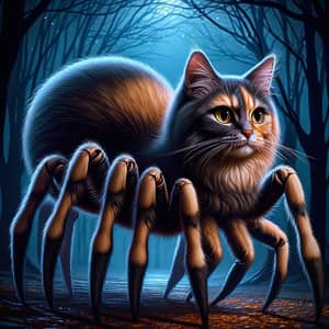 Cat Spider Hybrid - Fantastical Creature in Tranquil Twilight Forest