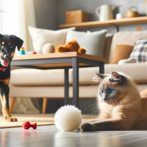 Interacting Cat and Dog in Well-Illuminated Living Room