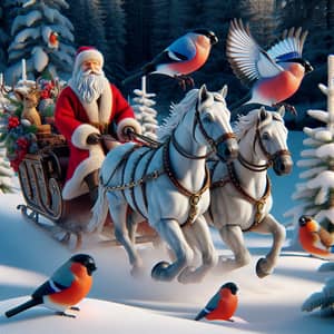 Festive Winter Scene: Santa on Sleigh Pulled by White Horses