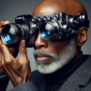 Old Rich Bald African American Man Photographer with Futuristic Camera