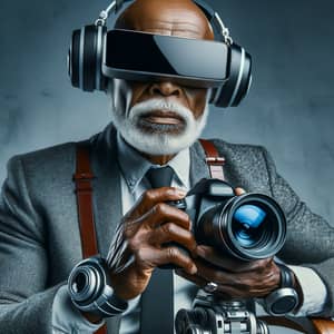 Rich Bald African American Photographer with Futuristic Canon Camera and Apple Oculus