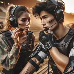 Intense Asian & Caucasian Extreme Sports Partners in Headset Strategy