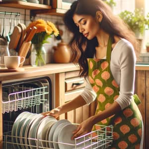 South Asian Woman Unloading Dishwasher in Bright Kitchen