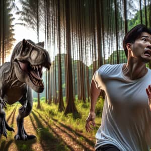 Fearful Asian Adult Running from Tyrannosaurus Rex in Forest