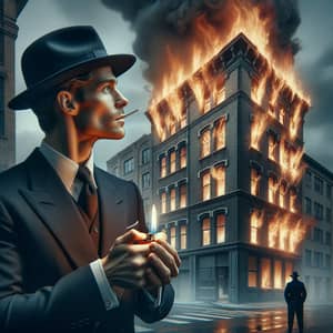 Man in Classic Suit Watches Burning Building with Coolness