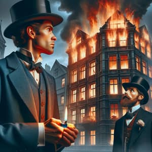 Men in Classic Attire: Indifference and Astonishment at Burning Building