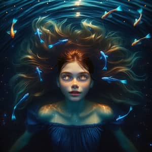 Captivating Image of Young Girl with Golden Eyes Floating in Tranquil Sea