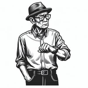 Elderly Asian Man in Fedora and Smartwatch Drawing