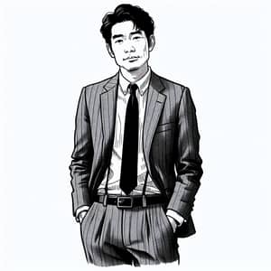 Casual Middle-Aged Asian Man in Suit - Line Art