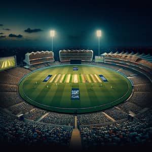 Night View of Cricket Stadium: Spectators, Players, Excitement