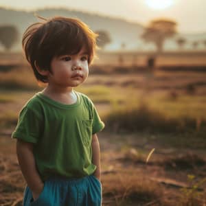 Child in Green Shirt | South Asian Boy in Open Field