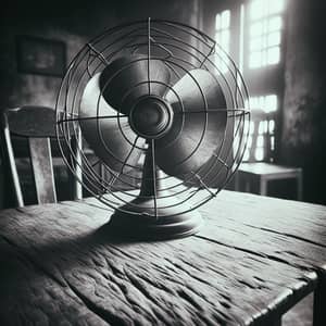Vintage Electric Fan on Rustic Table: Nostalgic Photo