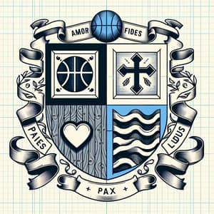 Coat of Arms with Basketball, Heart, Cross, and Wave Symbols