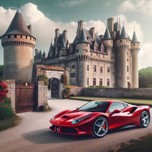 Red Ferrari Car Outside Majestic Castle
