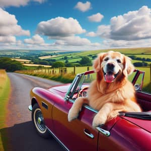 Playful Golden Retriever Resting in Vintage Red Convertible