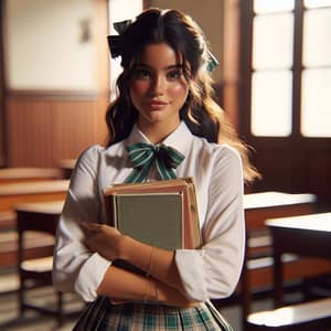 Youthful Hispanic Female Actress in Schoolgirl Uniform