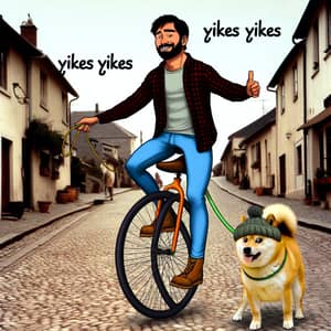 Cartoon Man on Unicycle in Quaint Village with Shiba Inu Dog