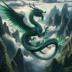 Emerald Chinese Dragon Soaring Around Majestic Mountains