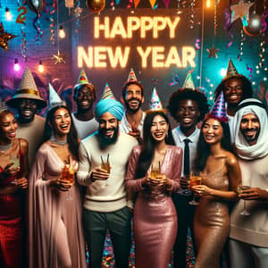Diverse New Year Celebration with Middle-Eastern, Black, South Asian, Hispanic Individuals