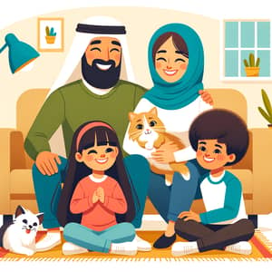 Warm and Cozy Multicultural Family Time with Pet Cat