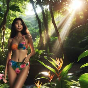 Pretty Asian Girl in Vibrant Bikini Stands Among Lush Jungle