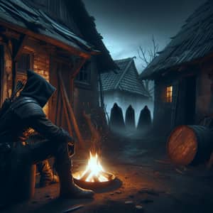 Hooded Warrior by Fire in Abandoned House | Dark Exterior Scene