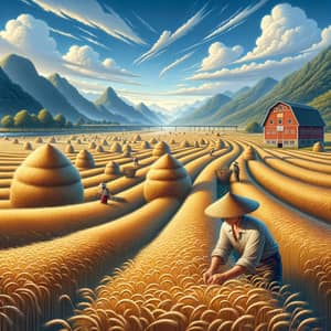 Picturesque Agricultural Landscape: Farmers, Wheat Fields, Barn