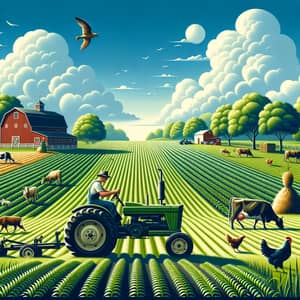 Realistic Agriculture Scene with Crops, Tractor & Farm Animals