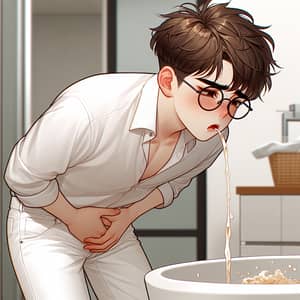 Teenage South Korean Boy Experiencing Morning Sickness in Modern Bathroom