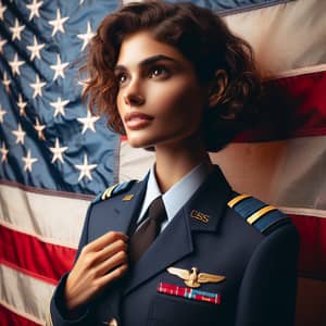 Female Pilot with Olive Skin in Blue Uniform Next to American Flag