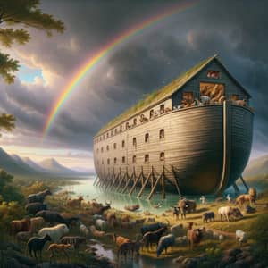 Noah's Ark on Mountain with Rainbow: Biblical Scene of Hope