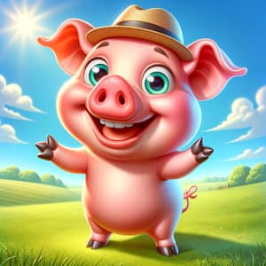 Charming Bubblegum Pink Pig Cartoon | Sunny Meadow Scene