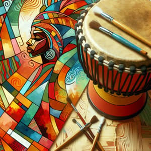 Abstract Painting of Djembe Drum with Cubist African Woman